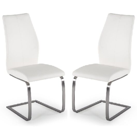 Ithaca White Faux Leather Dining Chairs With Chrome Base In Pair