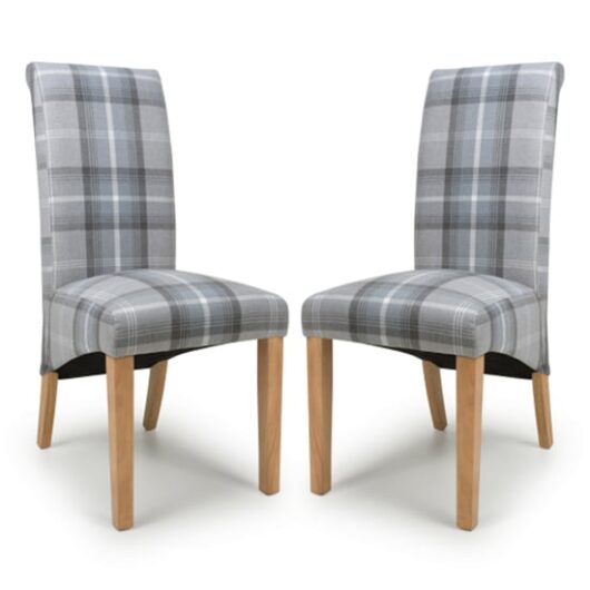 Kaduna Check Grey Fabric Dining Chairs With Oak Legs In Pair