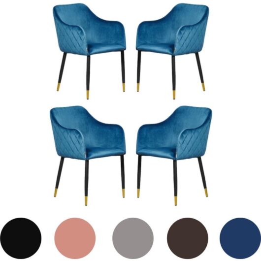 Life Interiors - Set of 4 Verona Velvet Dining Chairs - Metal Legs w/ Gold End Caps - Dining Room Chair - Upholstered Chair - Modern Dining Chair