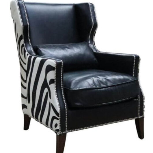 Lowry Zebra Vintage Black Distressed Leather Wing Chair