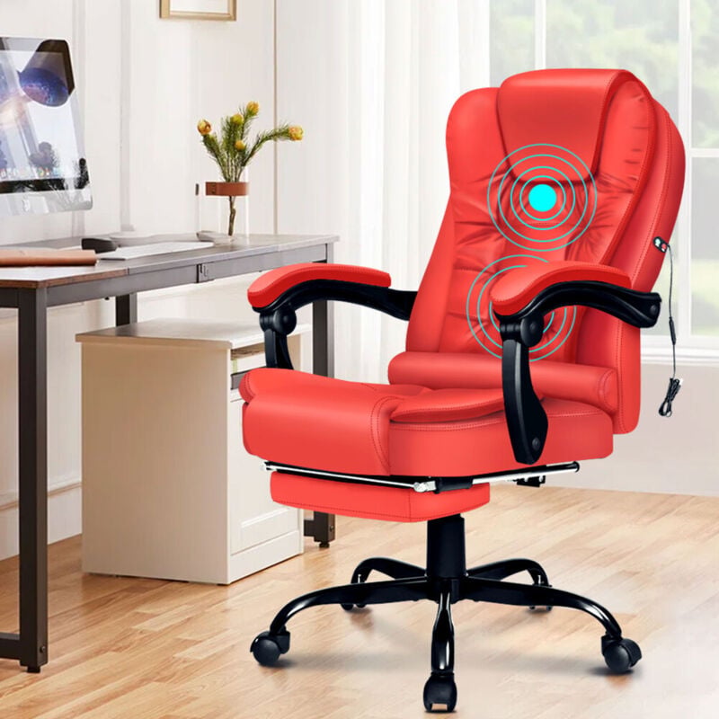 Massage Office Chair with Footrest Executive Gaming Seat Leather Red - Elfordson