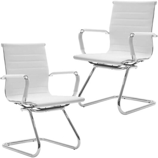 Meeting Office Chairs Set of 2 Desk Chair in PU Leather Reception Chairs Conference Chairs Cantilever for Boardroom, White