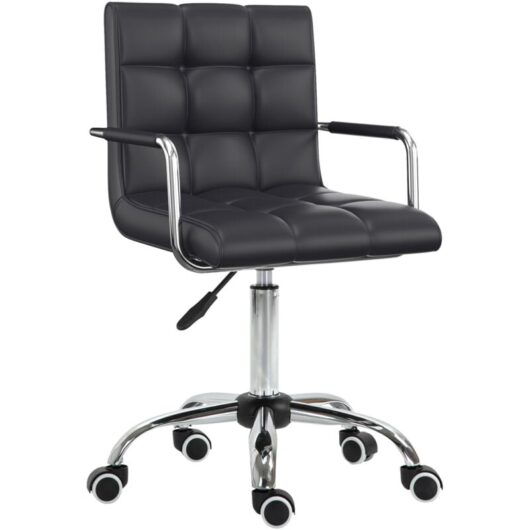 Mid Back pu Leather Home Office Chair Swivel Desk Chair with Arm, Wheel Black - Vinsetto