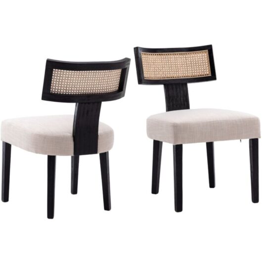 Mid Century Dining Chairs Set of 2 Kitchen Chairs Upholstered Side Chairs in Rattan for Dining Room Restaurant, Black