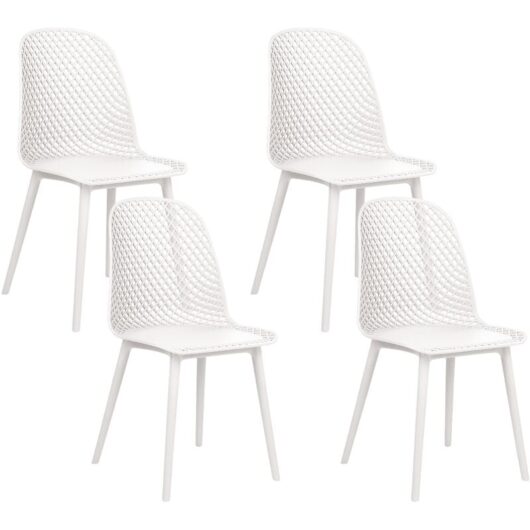 Minimalist Modern Set of 4 Dining Chairs White Synthetic Seat Legs Net Open Design Back Emory