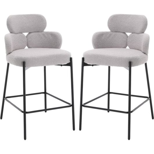 Modern Bar Stools Set of 2 in Faux Fur Upholstered Bar Chairs with Black Legs Counter Stools for Kitchen Home Pub, Grey, Wahson