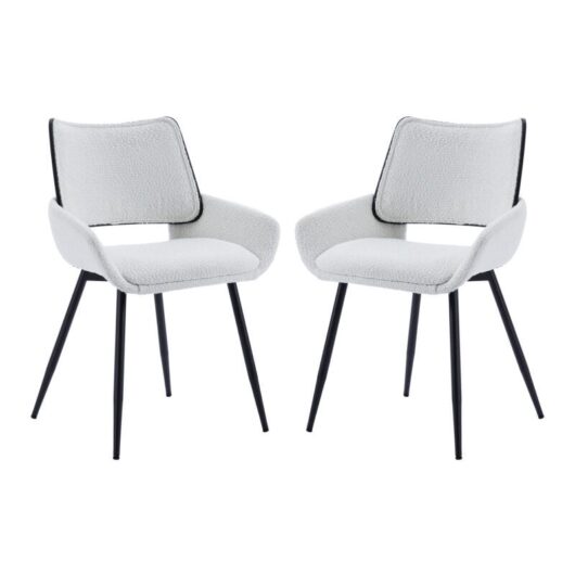 Modern Dining Chairs Set of 2 in Faux Fur Upholstered Corner Chairs with Black Metal Legs for Kitchen Restaurant, White, Wahson