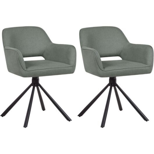 Modern Fabric Dining Chairs Set of 2 Padded Seat Black Metal Legs Swivel Dark Green Loures