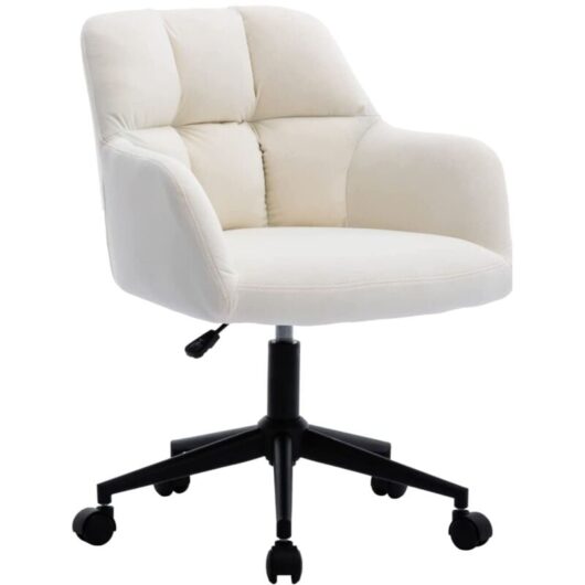 Modern Office Chair in Velvet Desk Chair with Arms Swivel Computer Chair Upholstered Task Chair with Wheels for Home Office Living Room, White