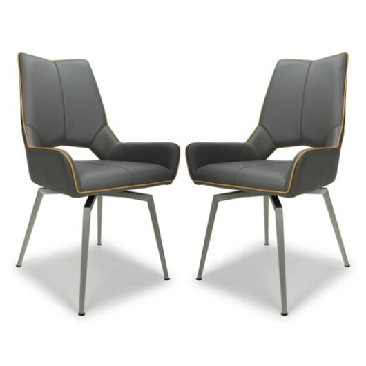 Mosul Grey Leather Dining Chairs With Steel Legs In Pair