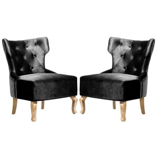 Narvel Black Velvet Dining Chairs With Wooden Legs In Pair