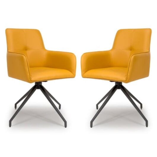 Novato Swivel Ochre Faux Leather Dining Chairs In Pair