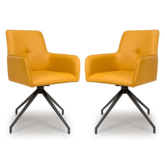 Novato Swivel Ochre Faux Leather Dining Chairs In Pair