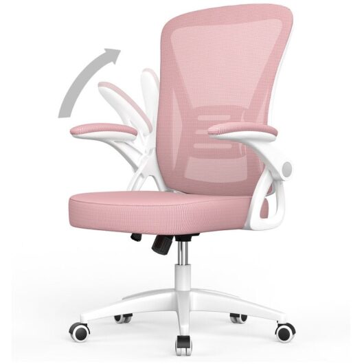Office Chair Ergonomic - Bigzzia Desk Chair with 90° Flip-up Armrest Lumbar Support - Executive Swivel Computer Chair - Pink