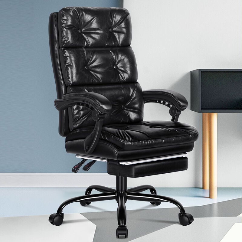 Office Chair Executive Computer pu Leather Seat Work Recliner Gaming, Glossy Black - Elfordson