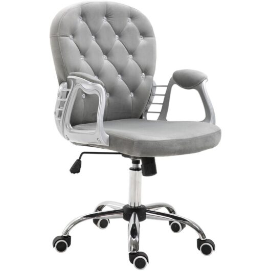 Office Chair Luxury Velour Diamond Tufted Padded Ergonomic 360° Swivel Grey - Vinsetto