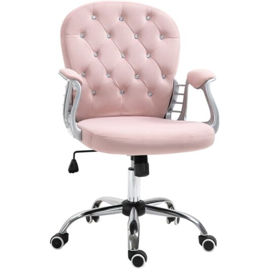 Office Chair Luxury Velour Diamond Tufted Padded Ergonomic 360° Swivel Pink - Vinsetto