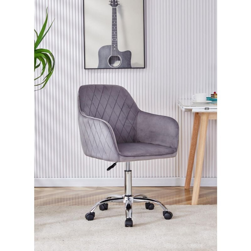 Office Chair grey velvet swivel with arms and wheels leisure home desk computer