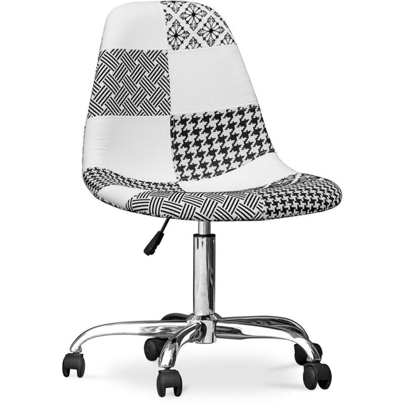 Office Chair with Castors - Desk Chair Upholstered in Black and White Patchwork - Denisse