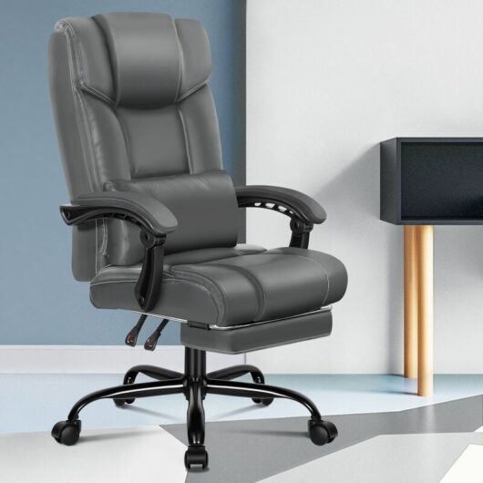 Office Chair with xl Lumbar Cushion, Computer Desk Chair with Footrest, High Back 150° Recliner Tilting Function pu Leather, Grey - Elfordson