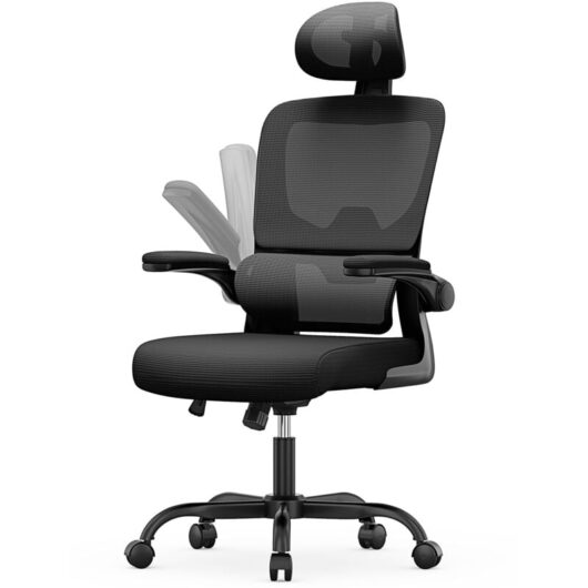 Office Desk Chair Bigzzia high back Mesh Office Chair with Flip-Up Armrest - Computer Chair with Back Support and Headrest - Black