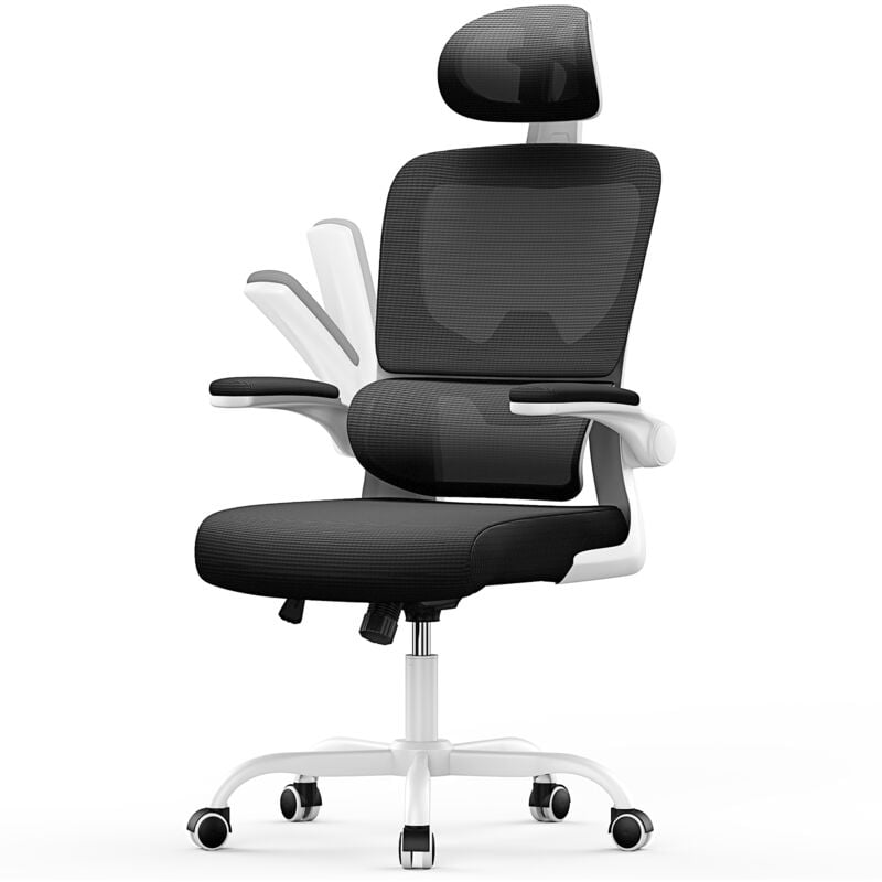 Office Desk Chair Bigzzia high back Mesh Office Chair with Flip-Up Armrest - Computer Chair with Back Support and Headrest - White