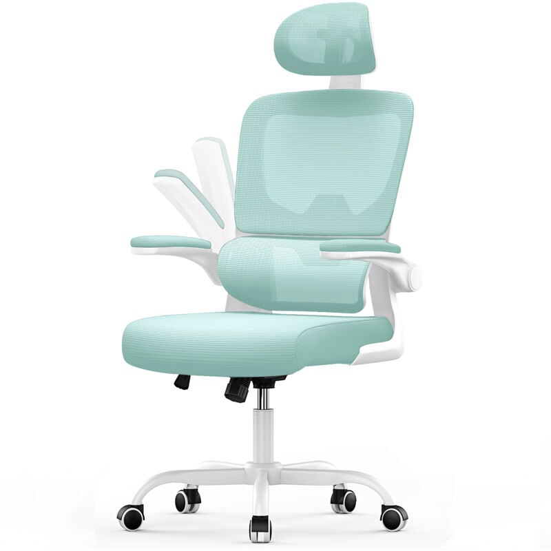 Office Desk Chair - bigzzia high back Mesh Office Chair with Flip-Up Armrest - Computer Chair with Back Support and Headrest - Green