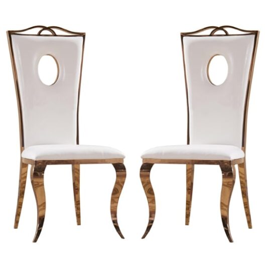 Palila White PU Dining Chairs With Rose Gold Legs In Pair
