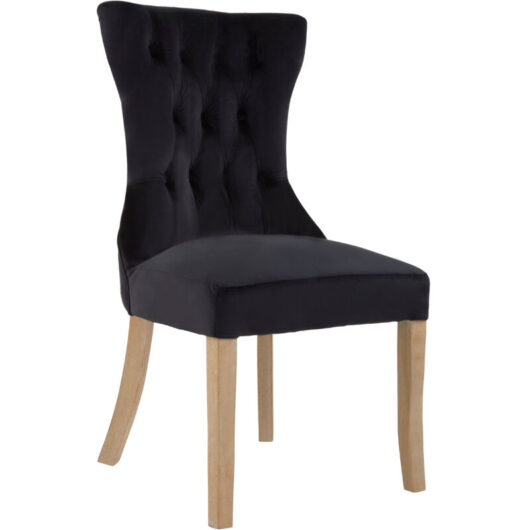 Premier Housewares - Black Buttoned Dining Chair/ Antique Rubberwood Legs Chairs For Bedroom Black Velvet Upholstery Hourglass Back Button Tufted
