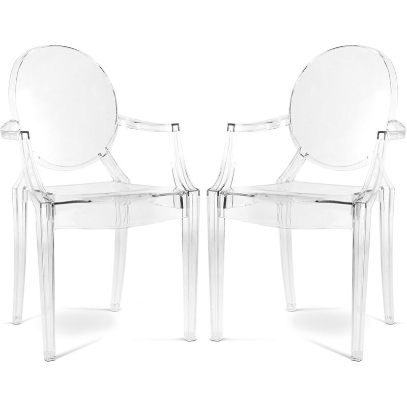 Privatefloor - Pack of 2 Transparent Dining Chairs - Armrest Design - Louis xiv