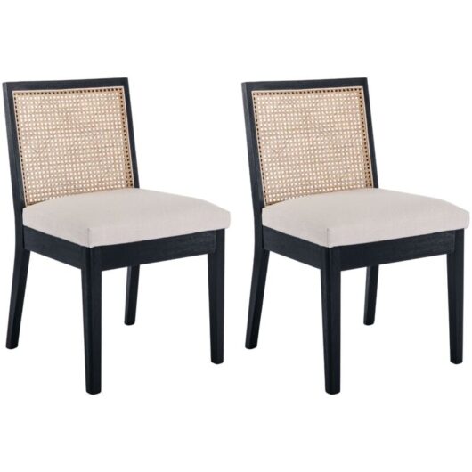 Rattan Dining Chairs Set of 2 Mid Century Kitchen Chairs Upholstered Side Chairs with Solid Wood Legs for Dining Room, Black