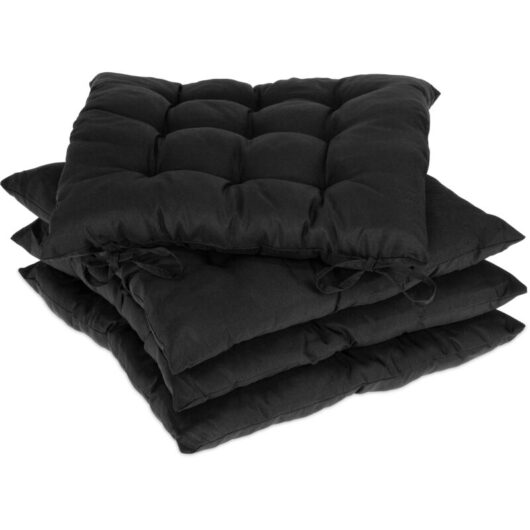 Relaxdays - Set of 4 Seat Cushions, 38 x 38 cm, Chair Pads with Ties, Indoor & Outdoor, Polyester Cover, Black