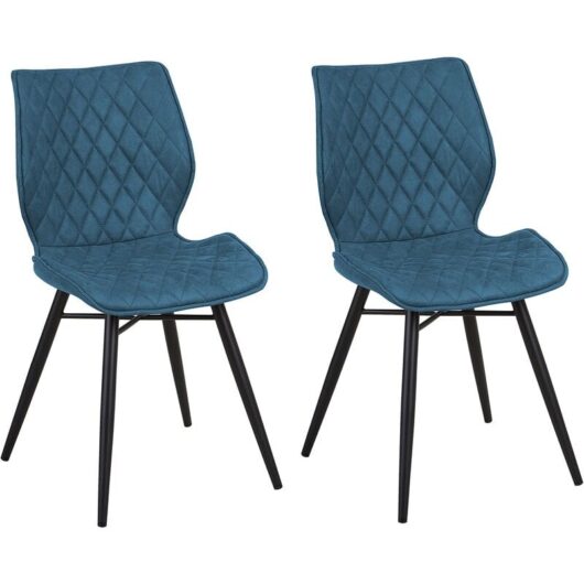 Retro Set of 2 Fabric Dining Chairs Metal Legs Quilted Armless Blue Lisle