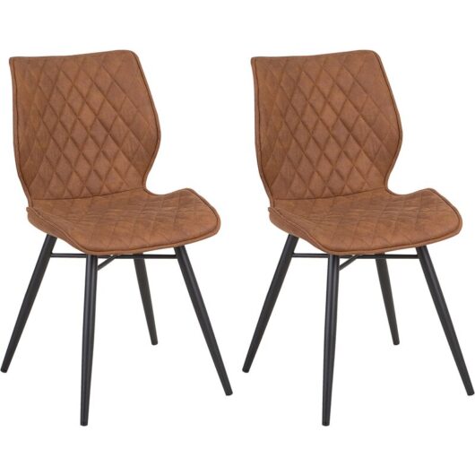 Retro Set of 2 Fabric Dining Chairs Metal Legs Quilted Armless Brown Lisle