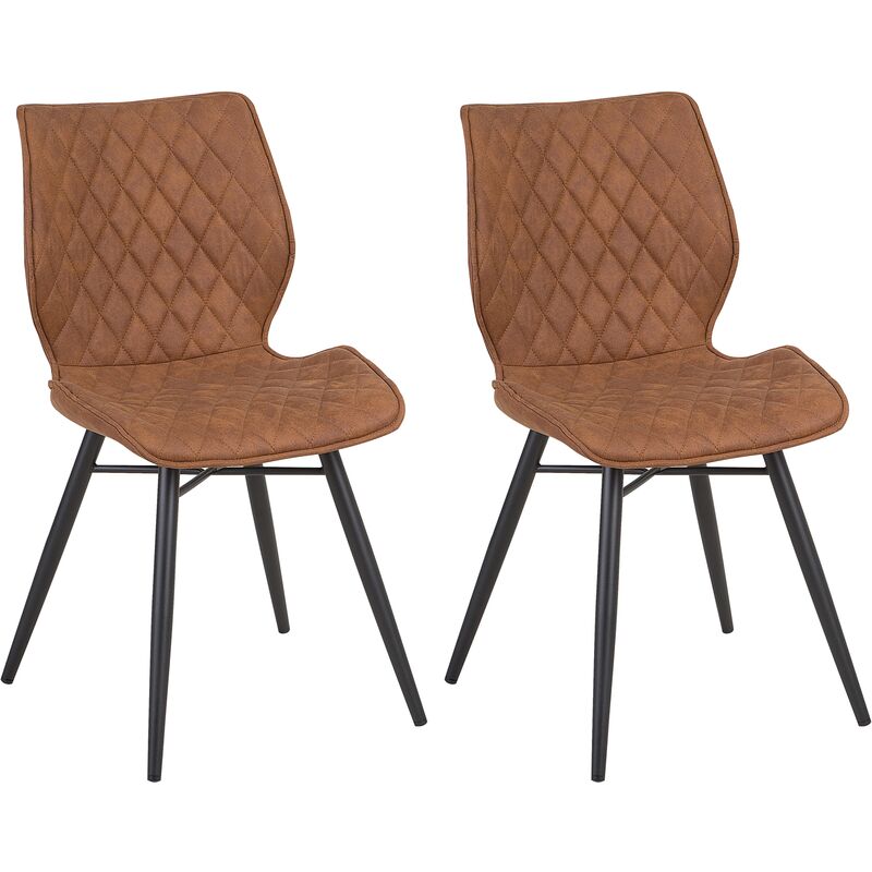 Retro Set of 2 Fabric Dining Chairs Metal Legs Quilted Armless Brown Lisle