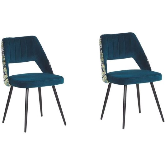 Retro Style Set of 2 Dining Chairs Velvet Seat Floral Pattern Back Blue Ansley