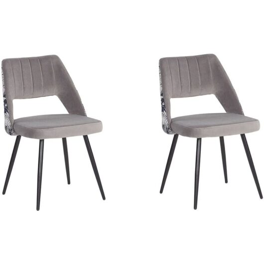 Retro Style Set of 2 Dining Chairs Velvet Seat Floral Pattern Back Grey Ansley