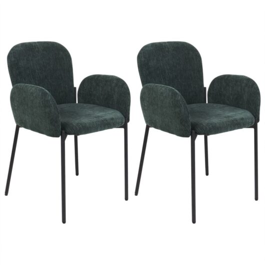 Retro Vintage Woven Upholstered Fabric Polyester Dining Chair Set of 2 with Armrests Dark Green Albee