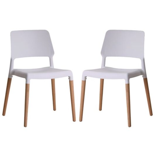 Rivera White Plastic Dining Chairs With Beech Legs In Pair