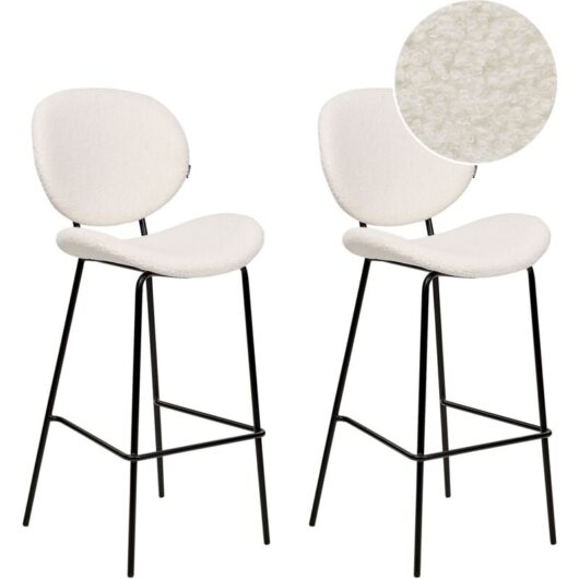 Set of 2 Bar Chairs Boucle Iron Black Legs Armless Leg Caps Retro Design Dining Room Seating White Luana