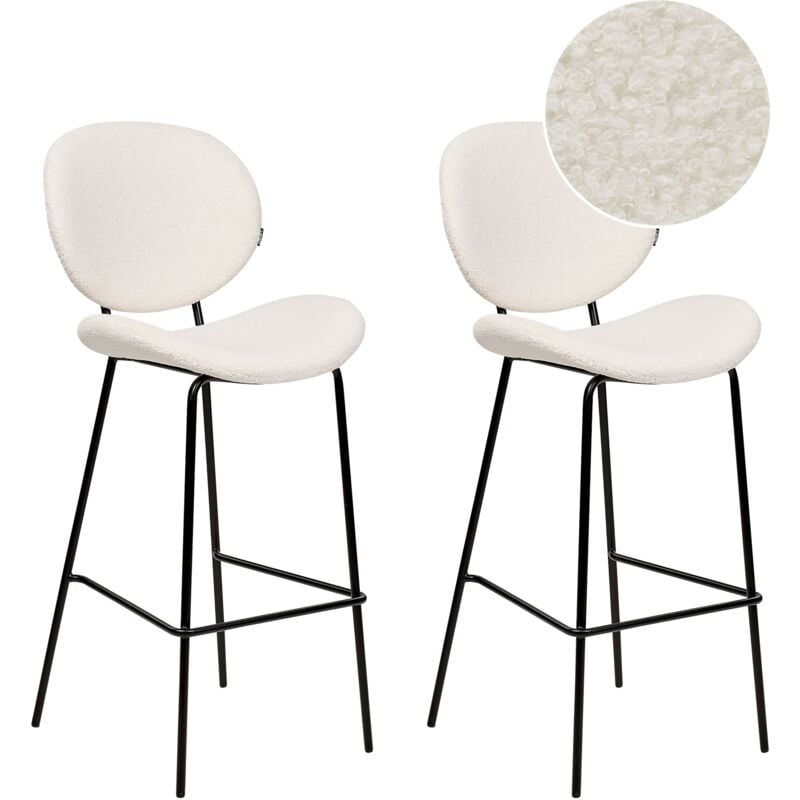 Set of 2 Bar Chairs Boucle Iron Black Legs Armless Leg Caps Retro Design Dining Room Seating White Luana