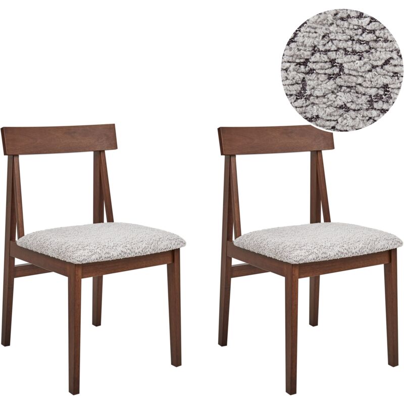 Set of 2 Dining Chairs Grey Boucle Polyester Seat Dark Wood Frame Isle
