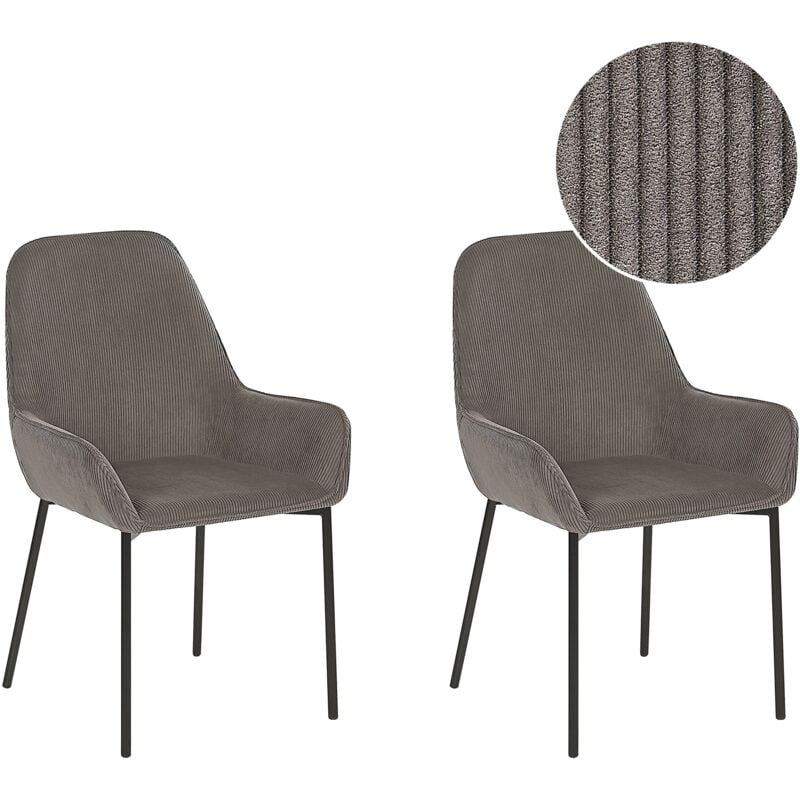 Set of 2 Dining Chairs Grey Corduroy Fabric Black Metal Legs Loverna