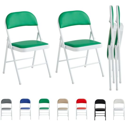 Set of 2 Faux Leather Foldable Chair with Metal Frame and Padded Seat green