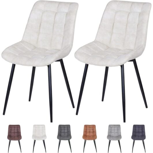 Set of 2 Faux Matte Suede Leather Dining Chairs with Padded Seat and Metal Legs alba beige