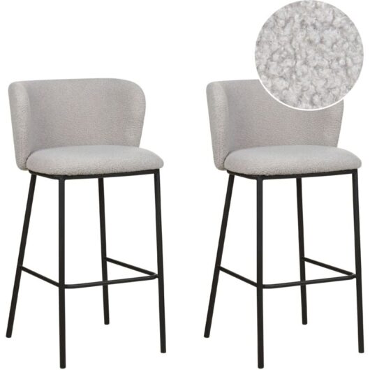Set of 2 Modern Bar Chairs Stools Boucle Upholstered Seat Armless Curved Back Black Legs Grey Mina