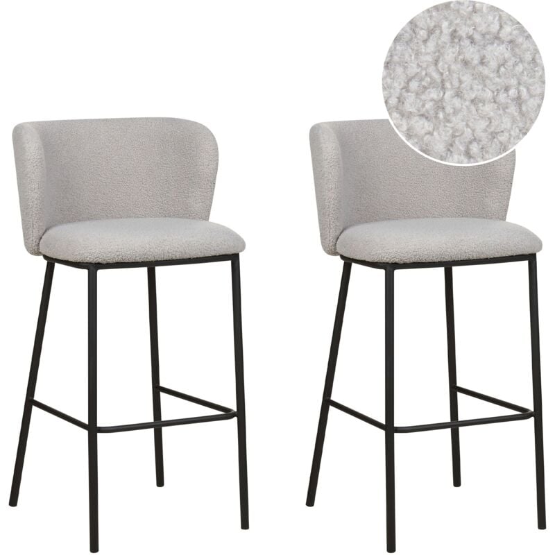 Set of 2 Modern Bar Chairs Stools Boucle Upholstered Seat Armless Curved Back Black Legs Grey Mina