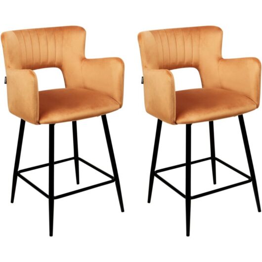 Set of 2 Modern Bar Chairs Velvet Seat with Armrests Tufted Back Orange Sanilac