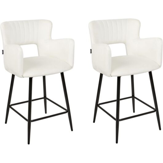 Set of 2 Modern Bar Chairs Velvet Seat with Armrests Tufted Back White Sanilac