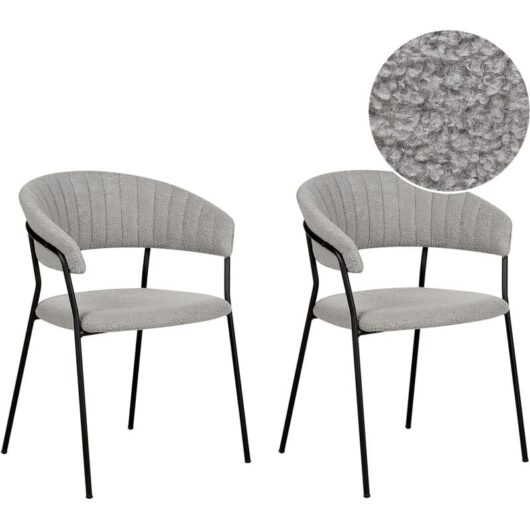 Set of 2 Modern Dining Chairs Fabric Boucle Upholstered Seat with Armrests Curved Back Black Legs Grey Mariposa